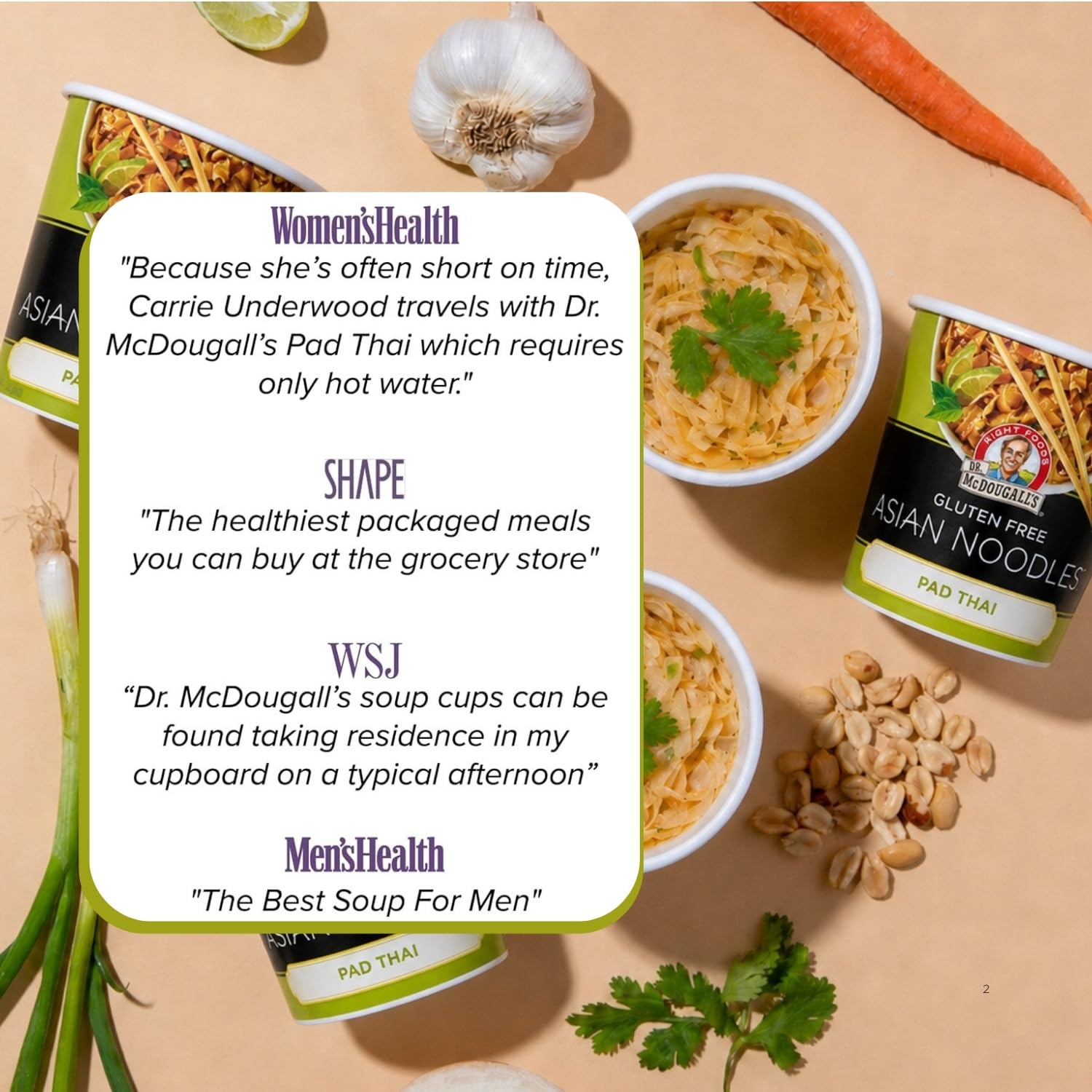 Six-pack of Dr. McDougall's Pad Thai cups stacked for pantry storage