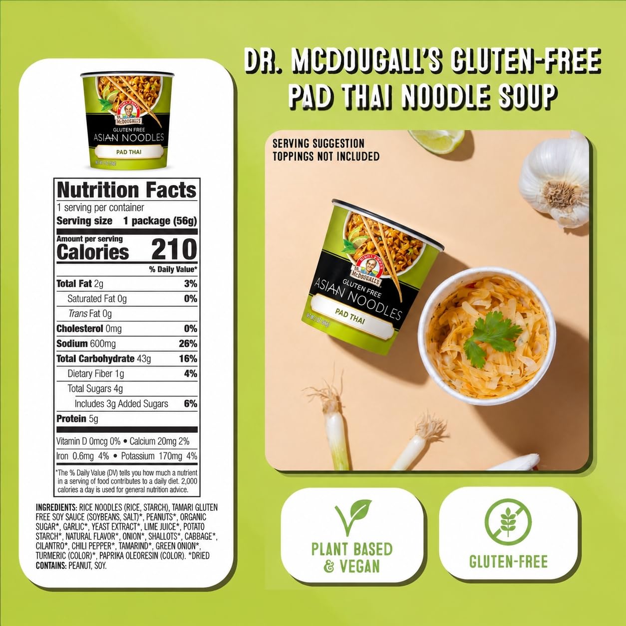 Served Dr. McDougall's Pad Thai in bowl with lime garnish and freshness