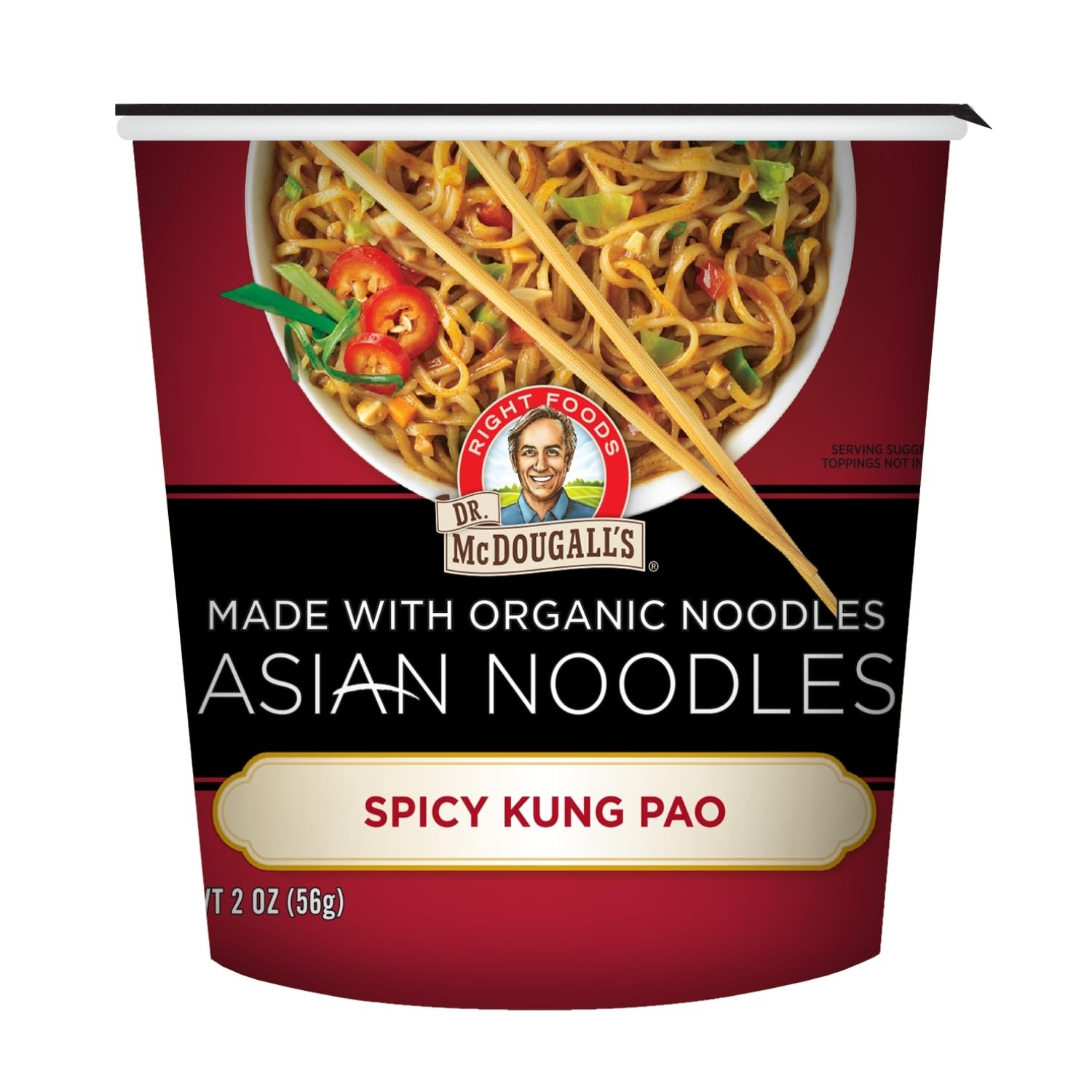 Dr. McDougall's cup front view showing packaging and spicy kung pao appeal