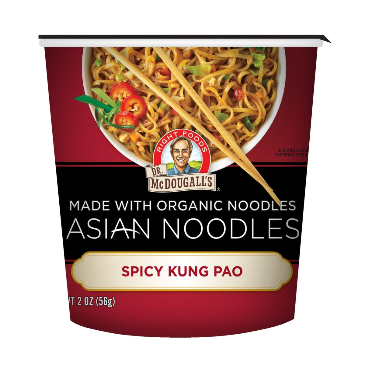 Dr. McDougall's cup front view showing packaging and spicy kung pao appeal