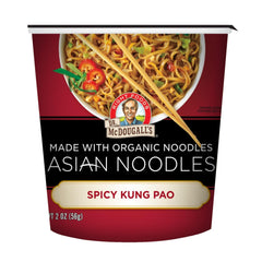 Dr. McDougall's cup front view showing packaging and spicy kung pao appeal