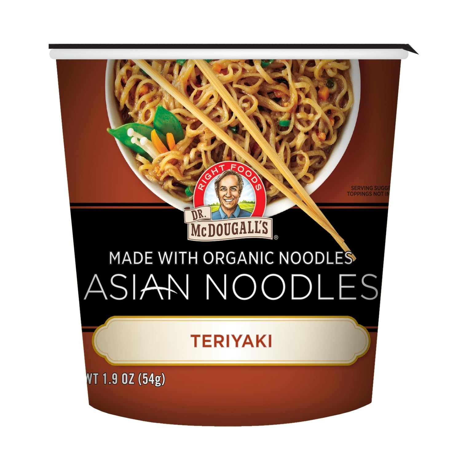Dr. McDougall's front packaging showing teriyaki noodle cup benefit convenience