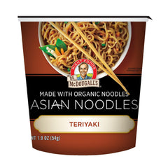 Dr. McDougall's front packaging showing teriyaki noodle cup benefit convenience