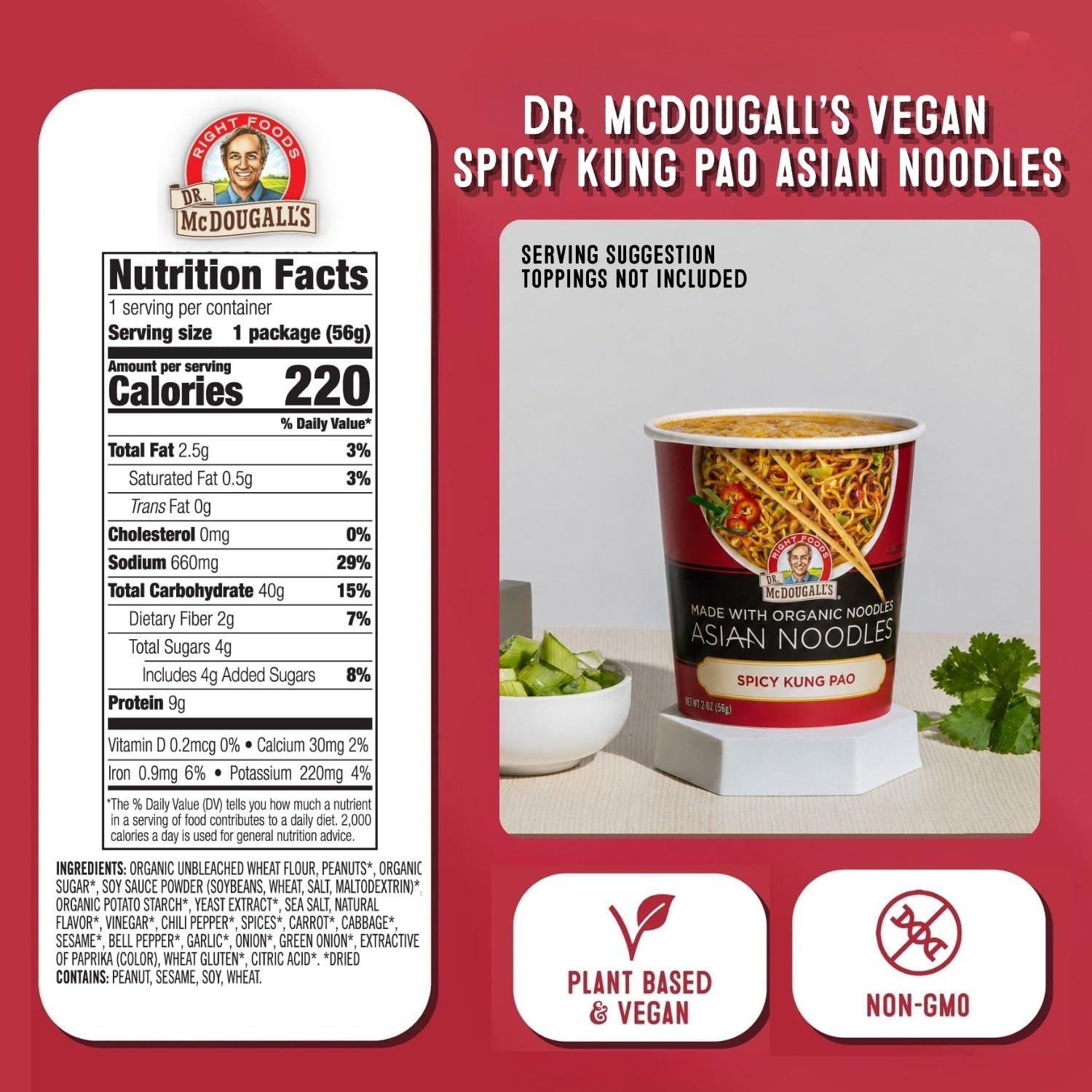 Dr. McDougall's peanut pieces on noodles emphasizing texture and taste boost