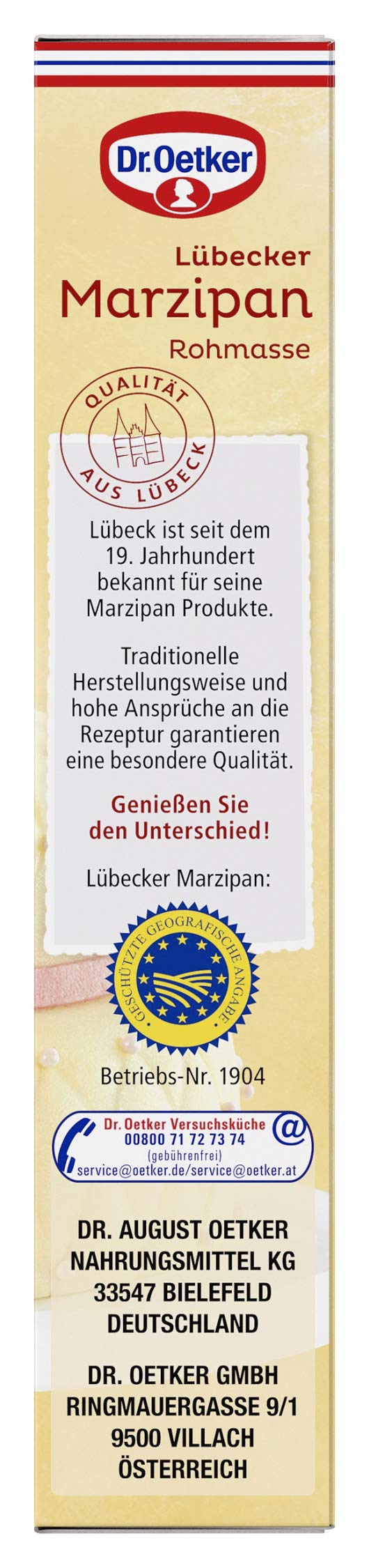 Dr. Oetker marzipan ingredient label close-up displaying product info for clarity