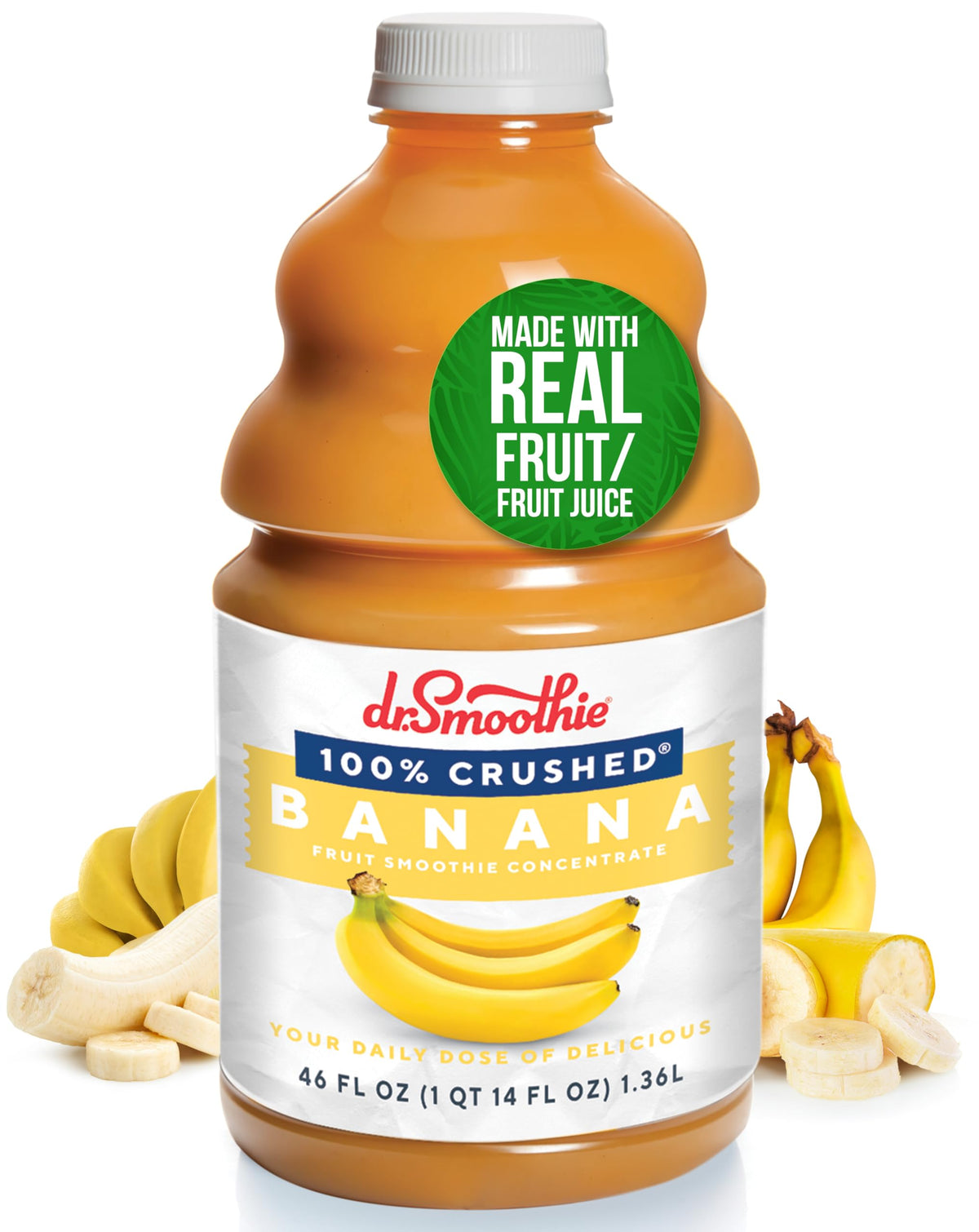 Dr. Smoothie front label showing 46 oz bottle and clean ingredients benefit