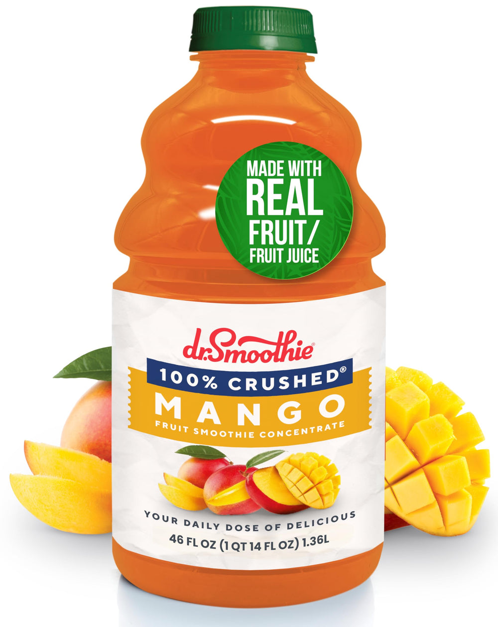 Dr. Smoothie front label showing 46 oz mango concentrate and benefits