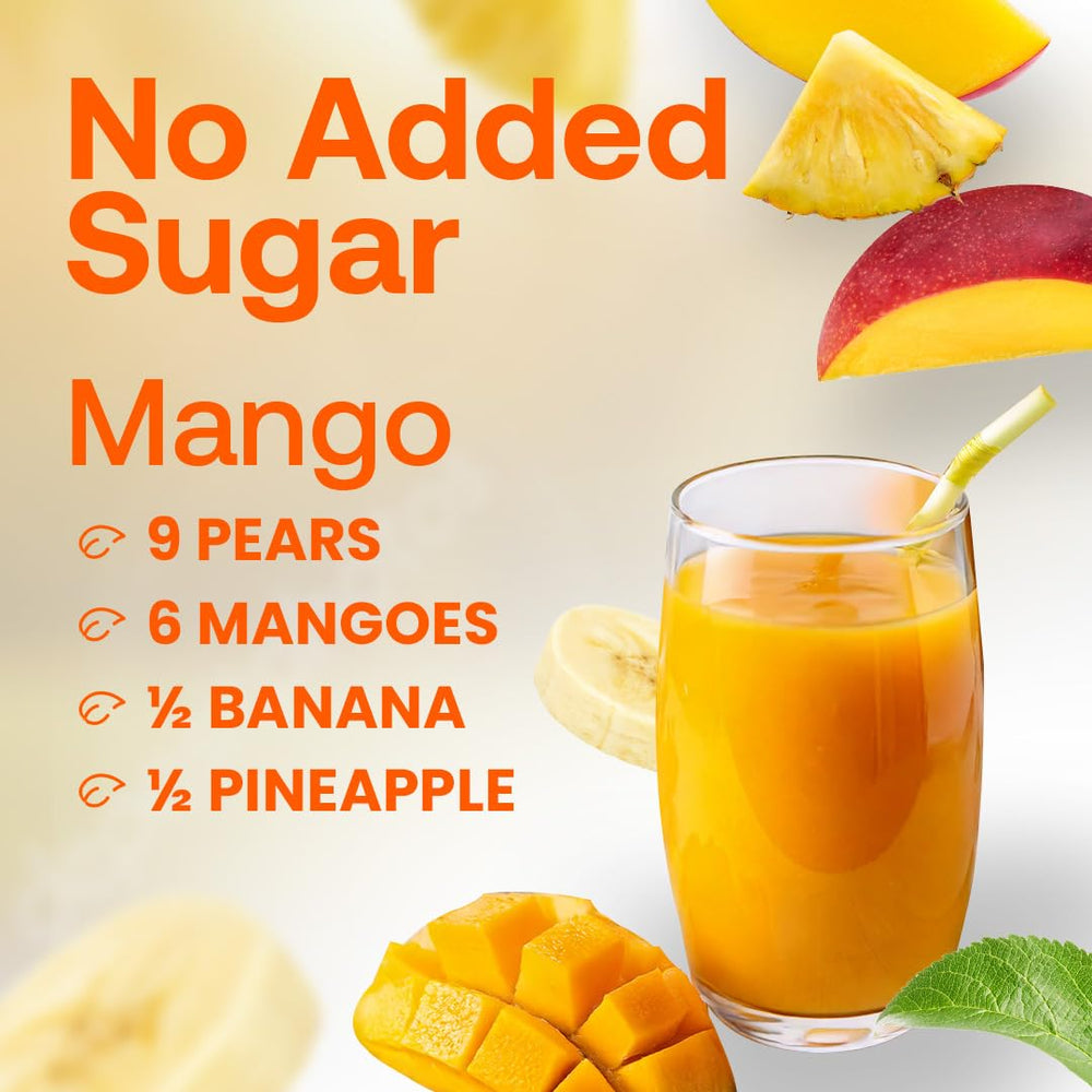 Dr. Smoothie bottle beside fresh mango pineapple banana illustrating ingredients