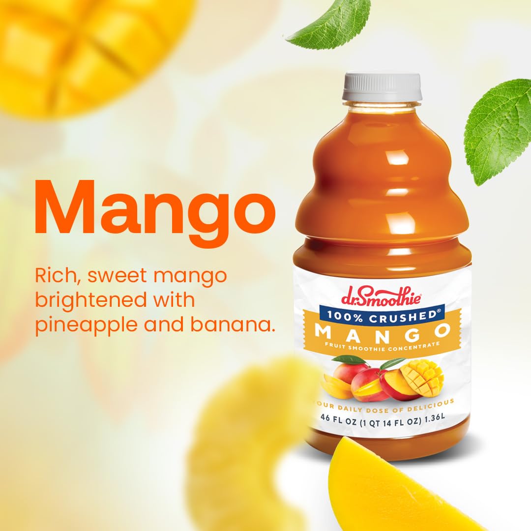 Dr. Smoothie mango concentrate pouring into glass for easy mixing benefit