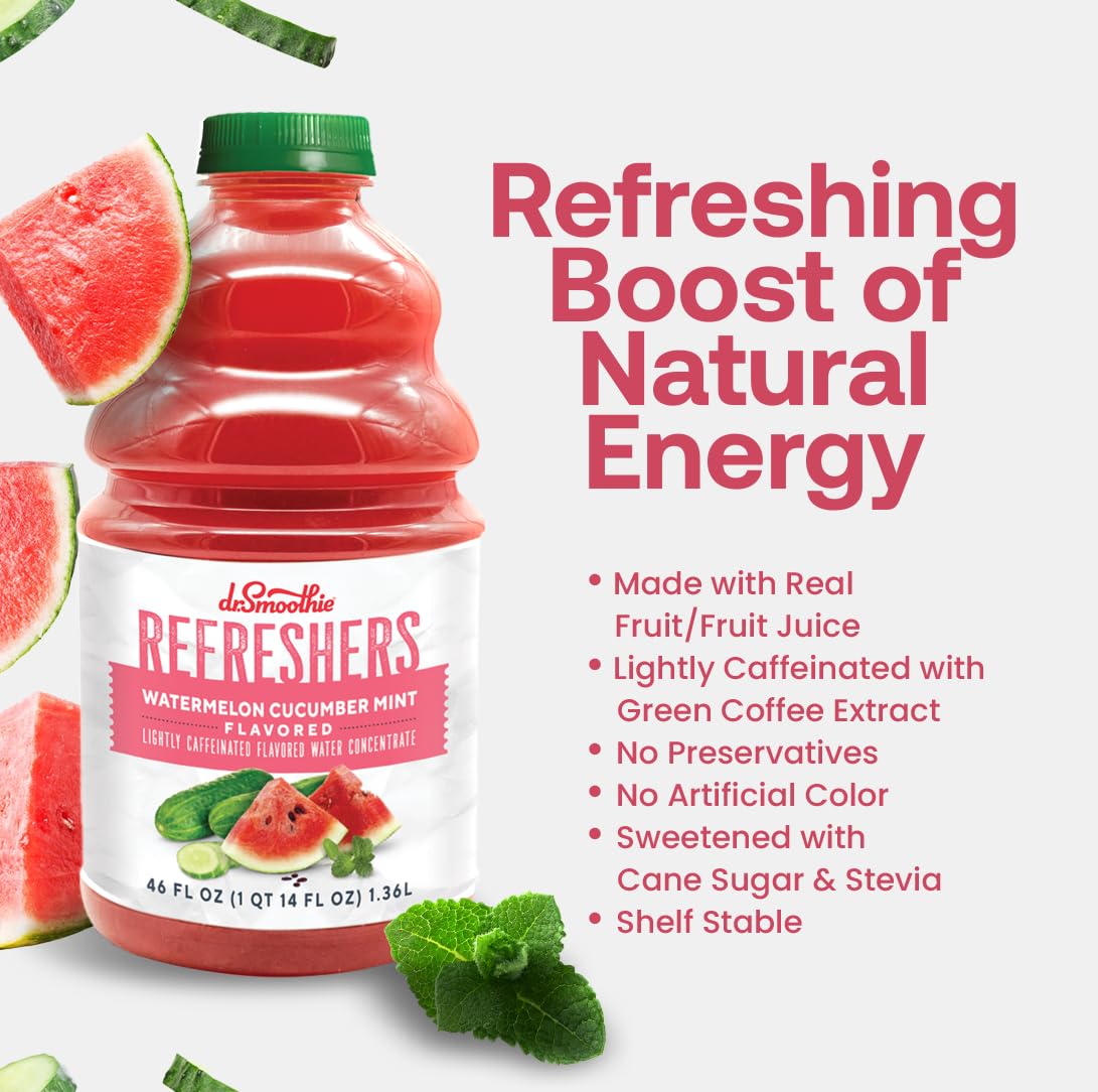 Bottle beside glass to show Dr. Smoothie size and convenient pourability