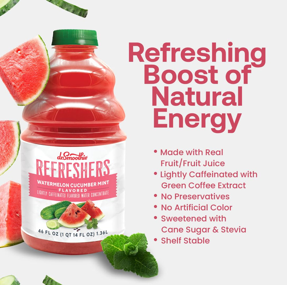Bottle beside glass to show Dr. Smoothie size and convenient pourability