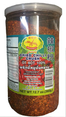Dragonfly jar of dried chilli crush front view shows label and convenient jar