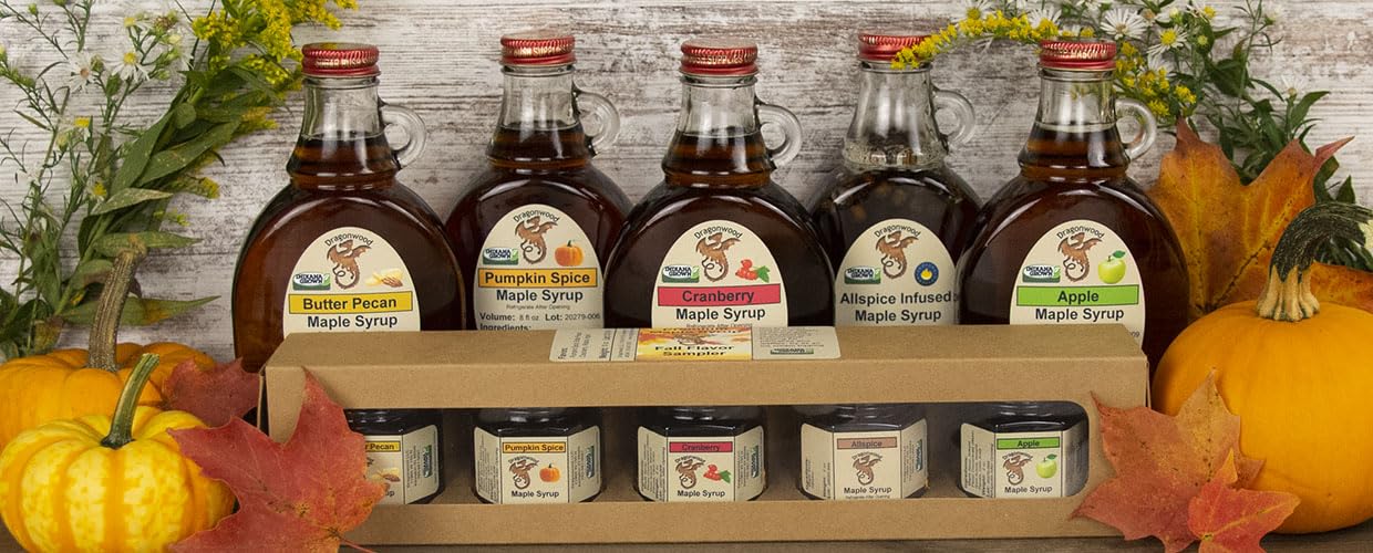 Dragonwood syrup pouring over pancakes adding buttery pecan flavor and richness