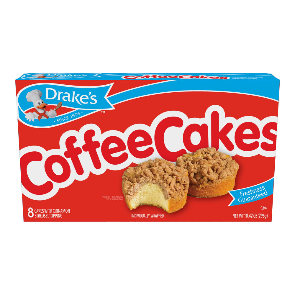 Drake's Coffee Cakes opened to show moist texture and chocolate topping benefit