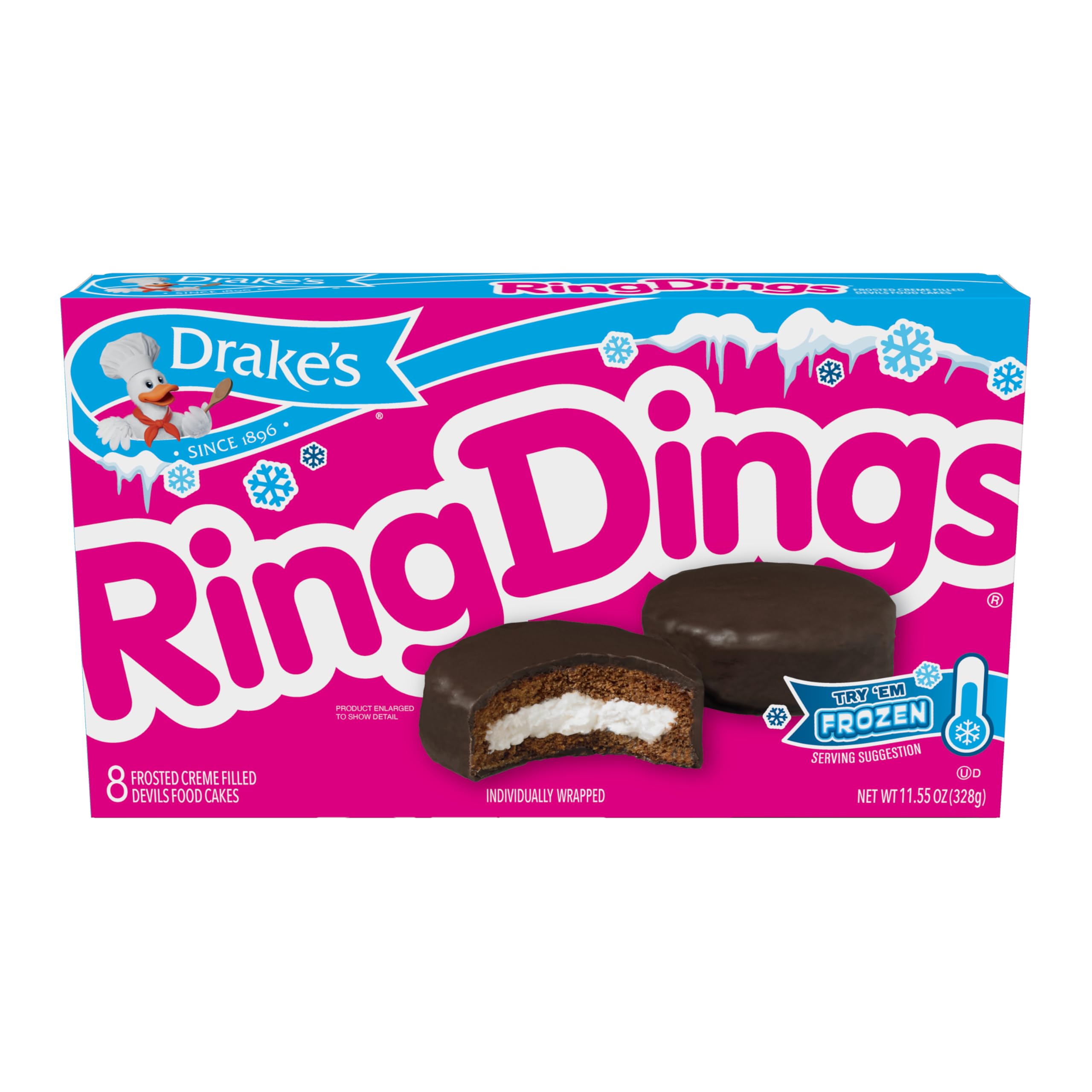 Drake's Ring Dings close-up highlighting creamy center and chocolaty coating benefit