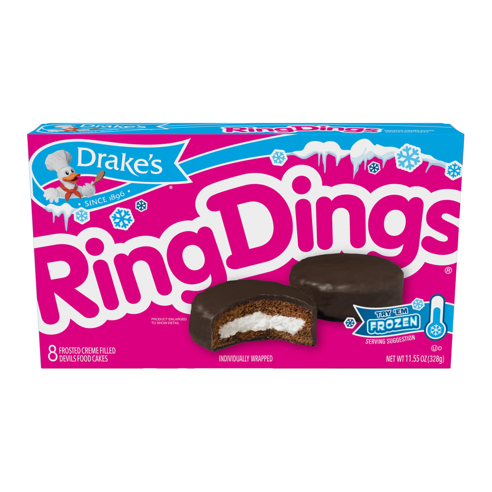 Drake's Ring Dings close-up highlighting creamy center and chocolaty coating benefit