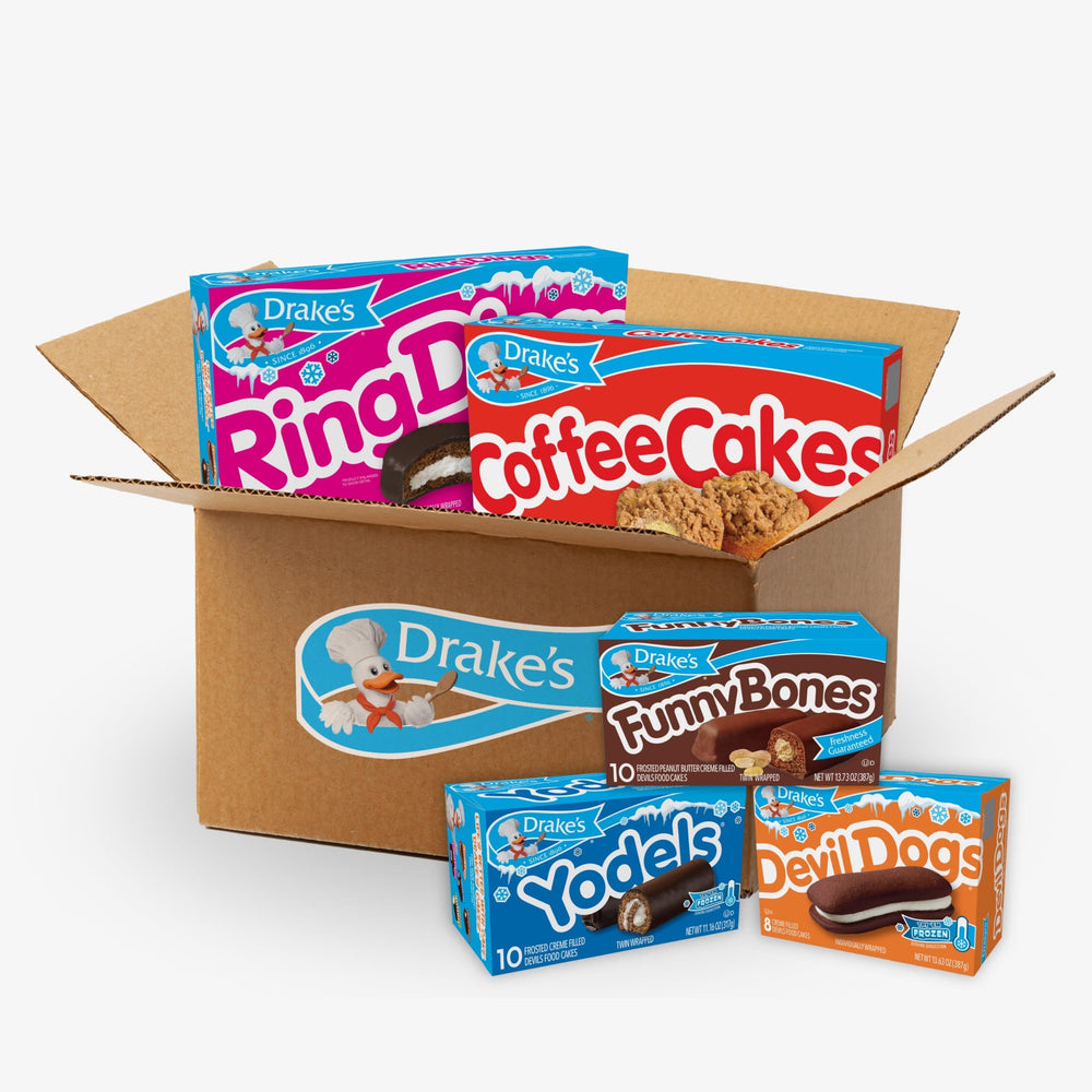 Drake's variety pack front box showing all five cake types and serving options