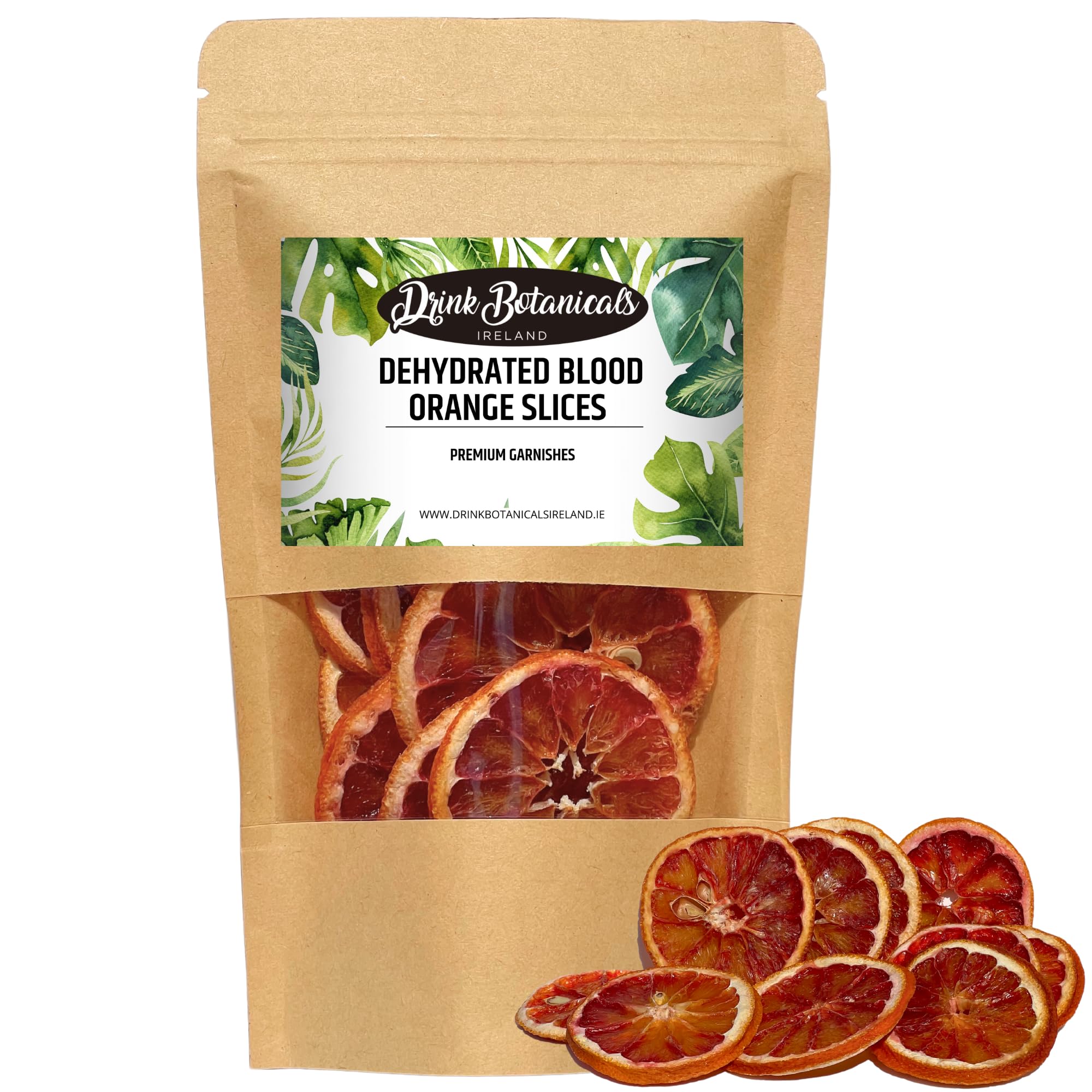 Drink Botanicals Ireland front packaging showing vibrant blood orange wheels benefit: colorful garnish