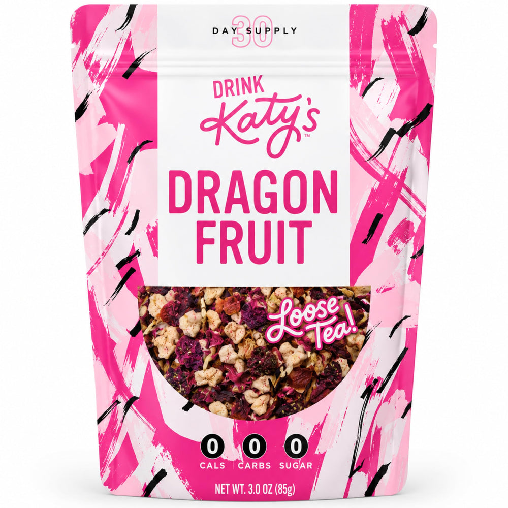 DRINK KATY'S front packaging showing vibrant dragonfruit tea; clear branding and benefit