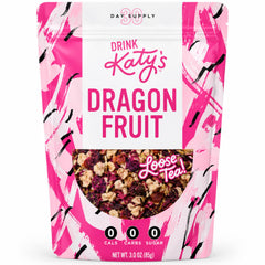 DRINK KATY'S front packaging showing vibrant dragonfruit tea; clear branding and benefit