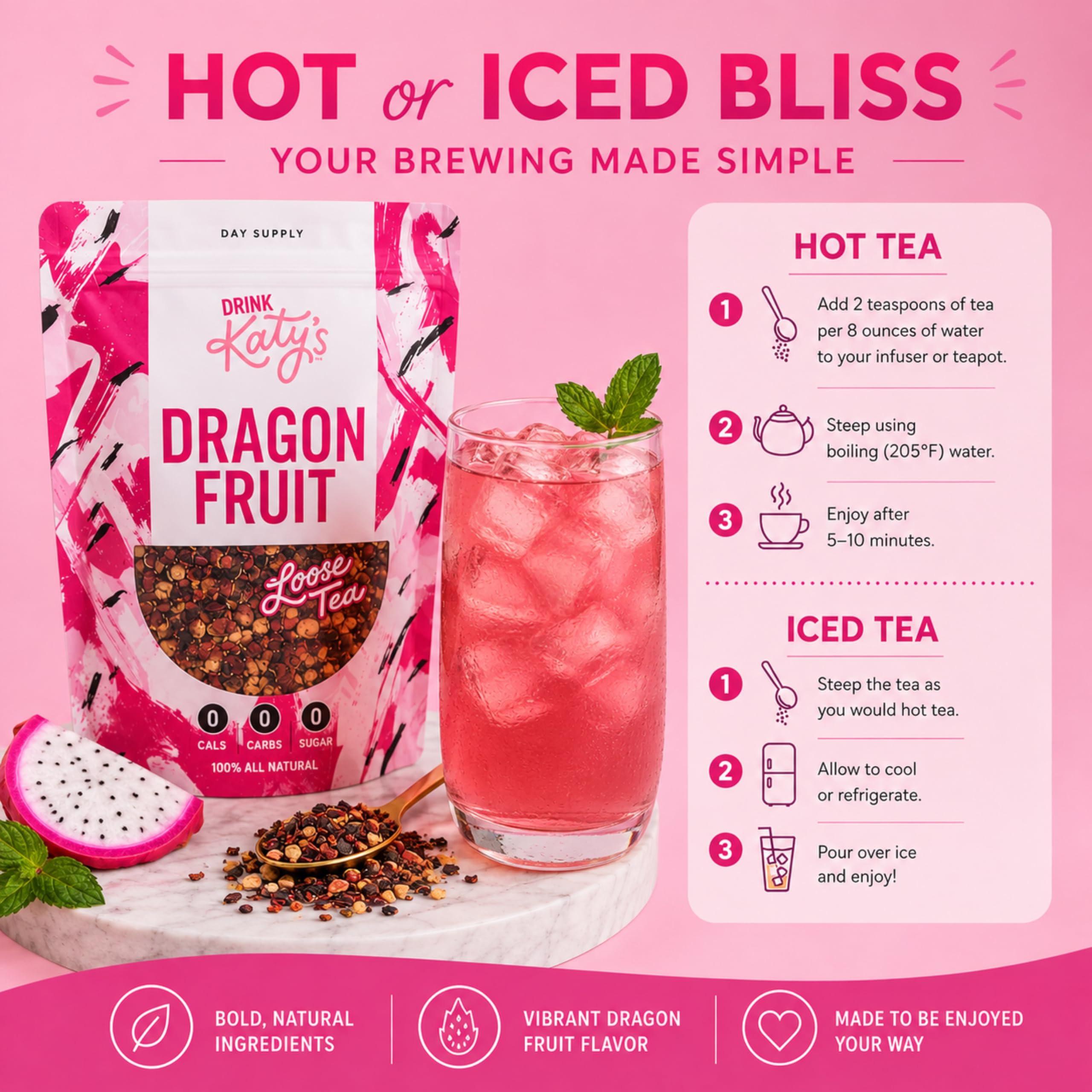 DRINK KATY'S measuring spoon with tea showing recommended serving precision benefit