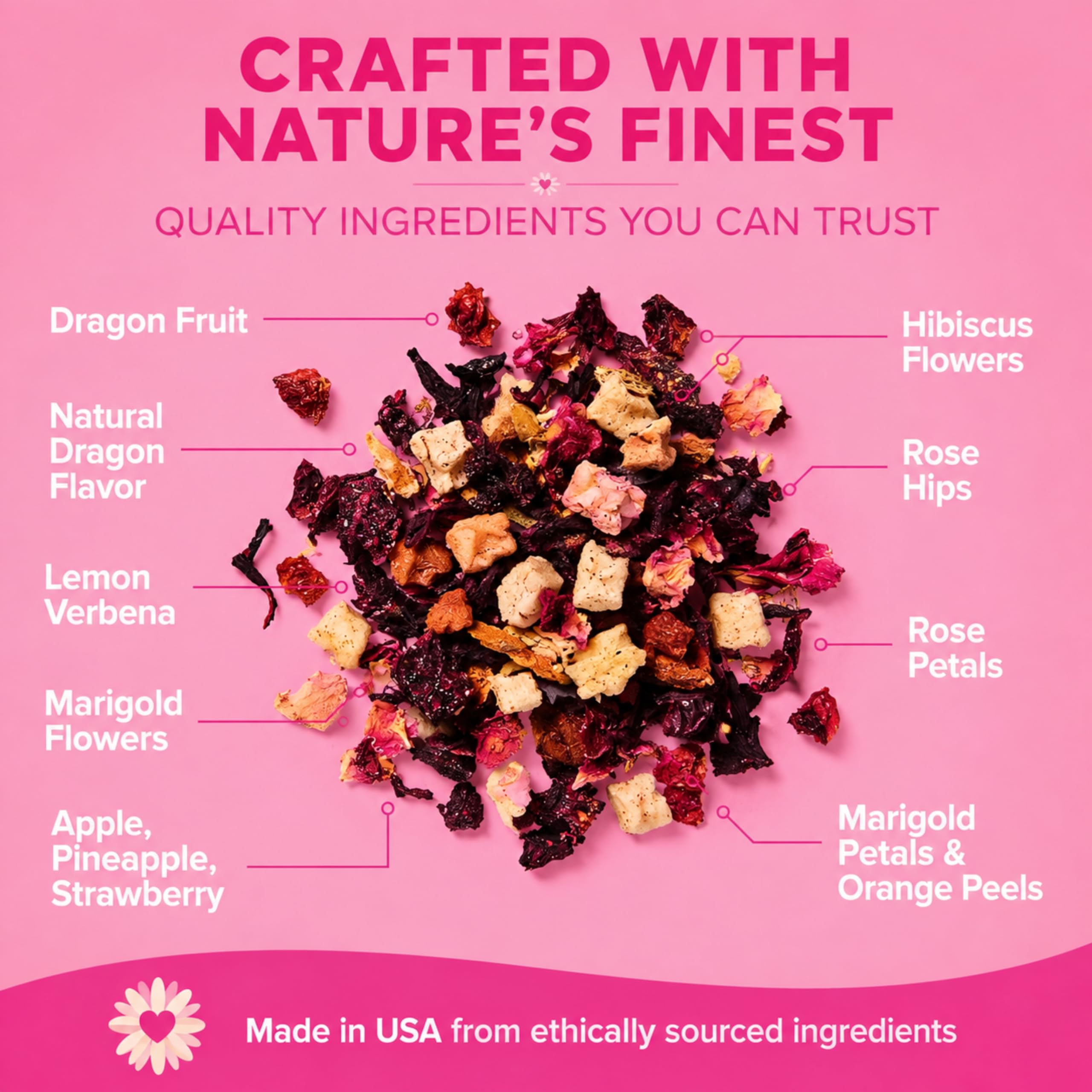 DRINK KATY'S brewed pink tea in cup illustrating vivid color and natural appeal