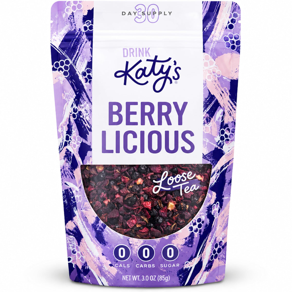 DRINK KATY'S front pouch showing berry tea packaging and freshness benefit