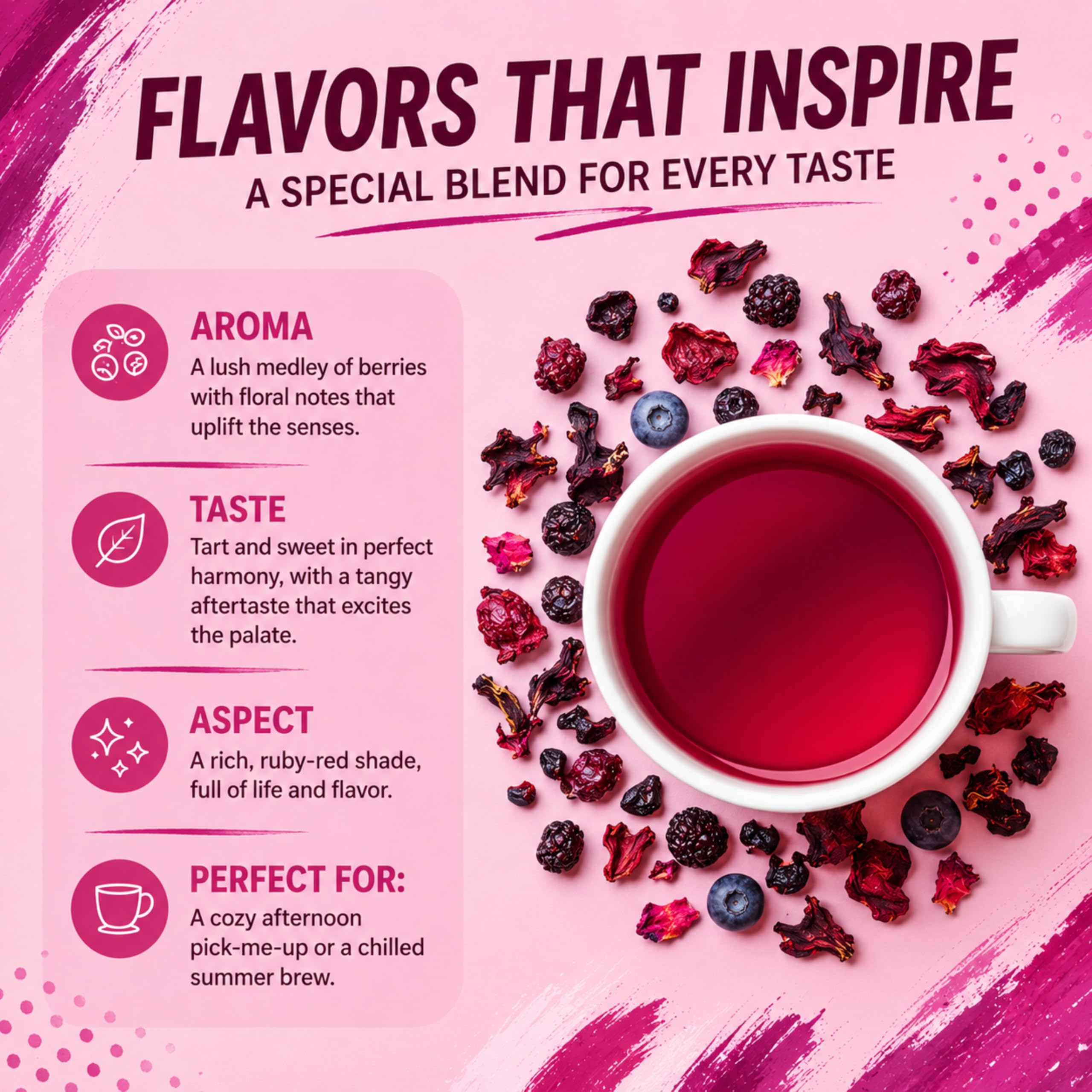 DRINK KATY'S flatlay of whole hibiscus petals blueberry and cranberry for ingredient transparency