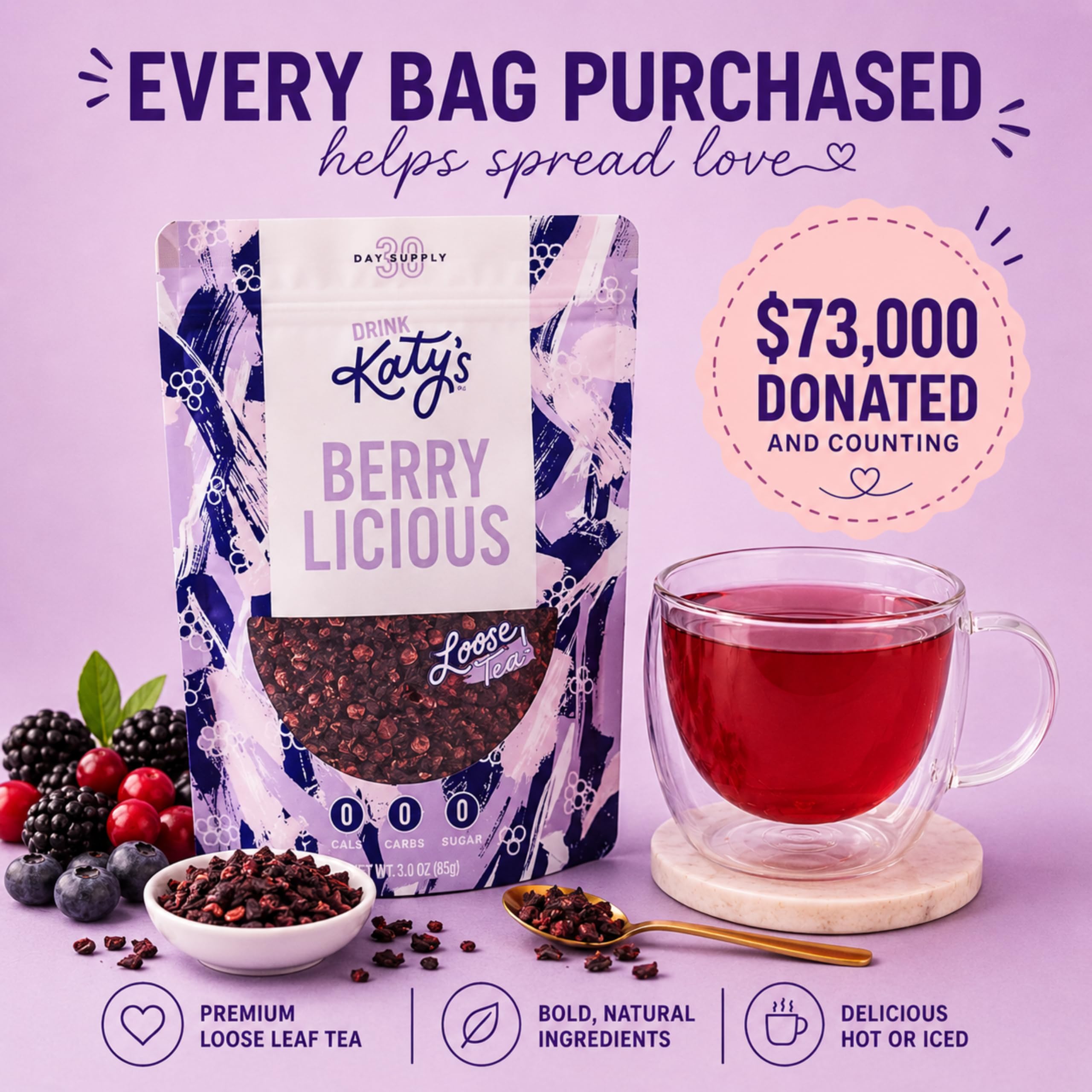 DRINK KATY'S tablespoon next to pouch to show serving size and yield