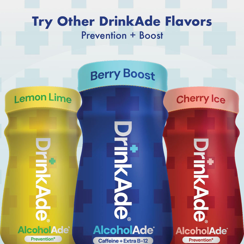 DrinkAde bottle next to a tote bag showing portable TSA-compliant size