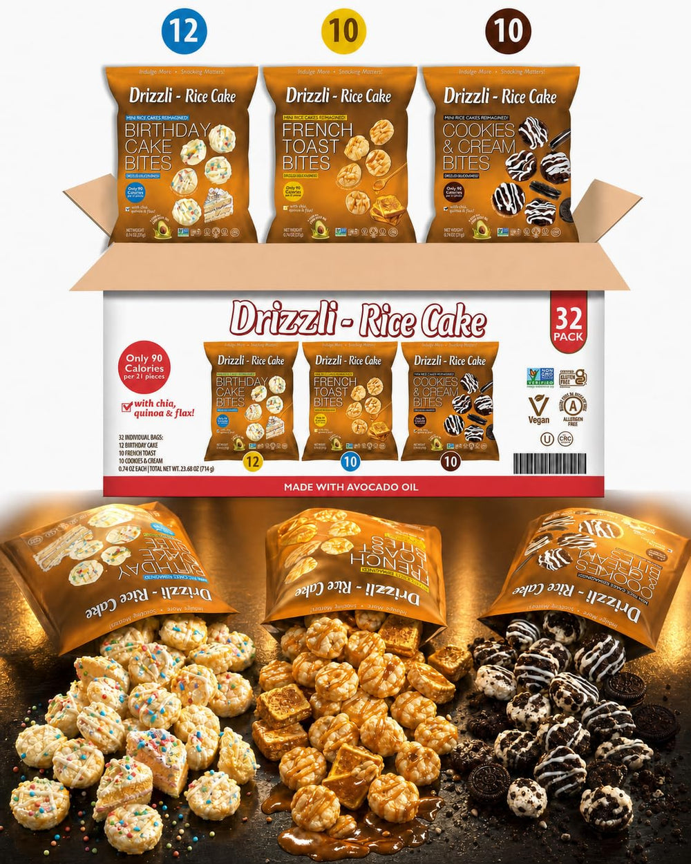 Driz-licious front of pack showing 32-count variety and resealable bag for fresh snacks