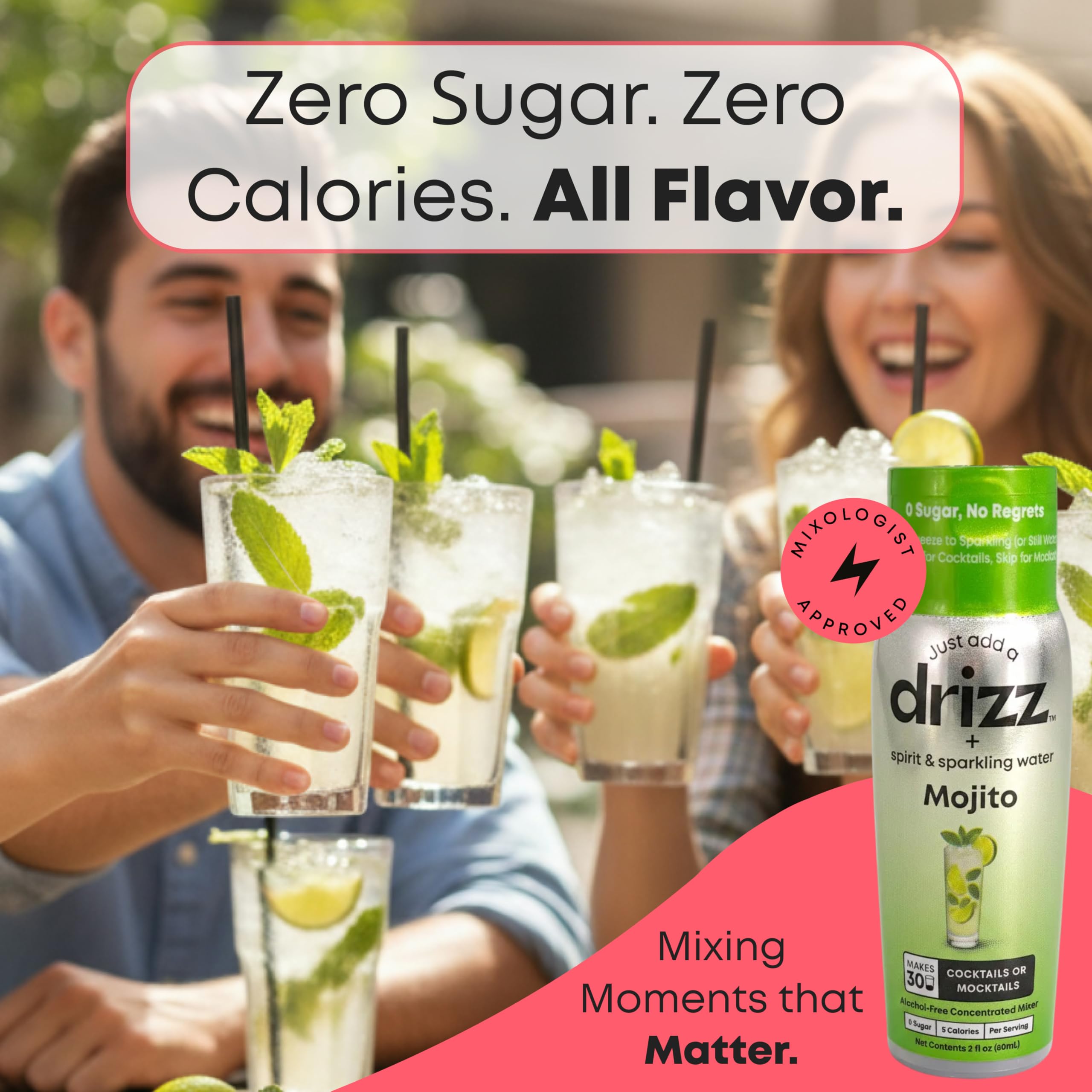 Drizz label ingredients closeup, emphasizing clean, no-added-sugar formulation