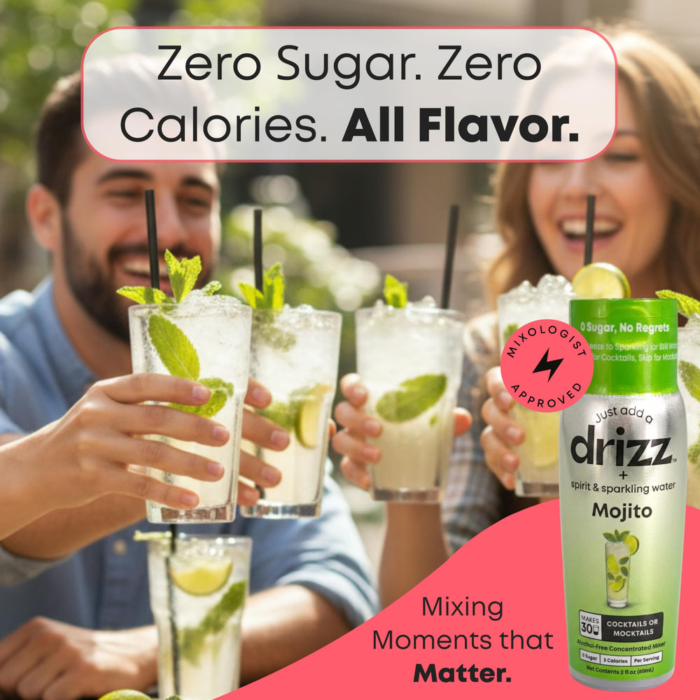 Drizz label ingredients closeup, emphasizing clean, no-added-sugar formulation