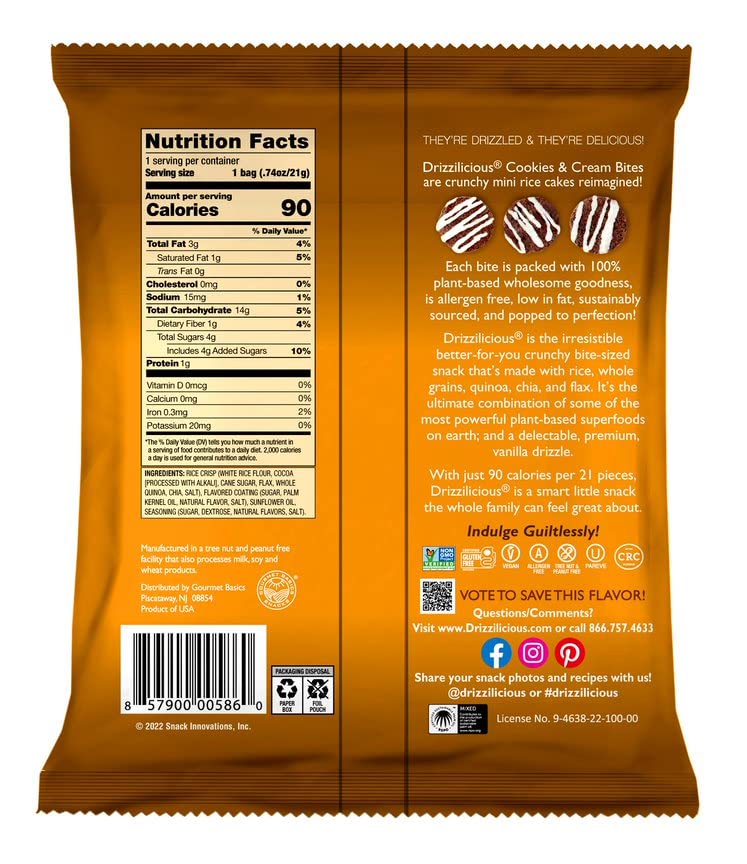 Drizzilicious sealed bag back view showing storage information and freshness benefit