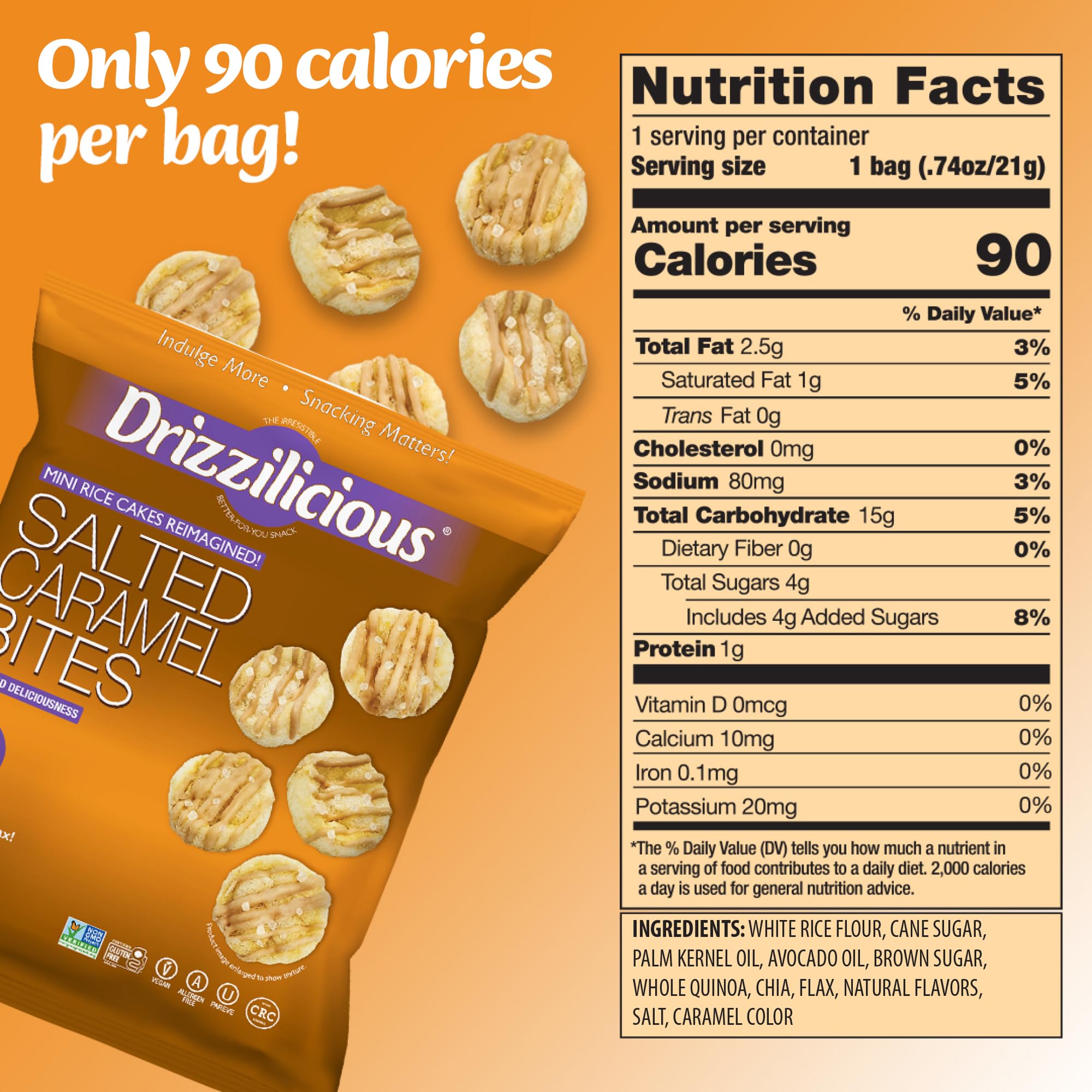 Drizzilicious single open bag with mini rice cakes spread for portion view