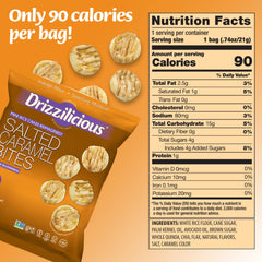 Drizzilicious single open bag with mini rice cakes spread for portion view