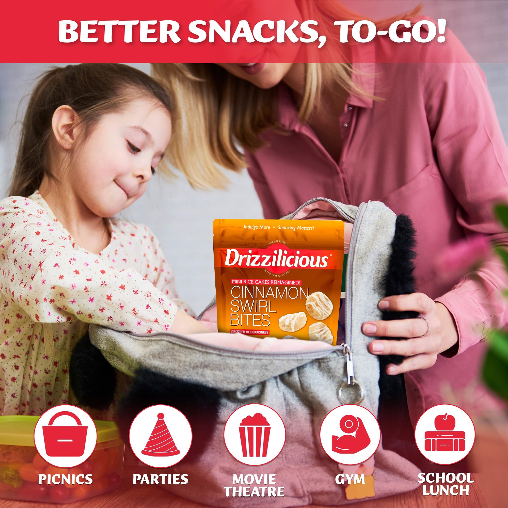 Drizzilicious snack bags inside lunchbox ready for school or work