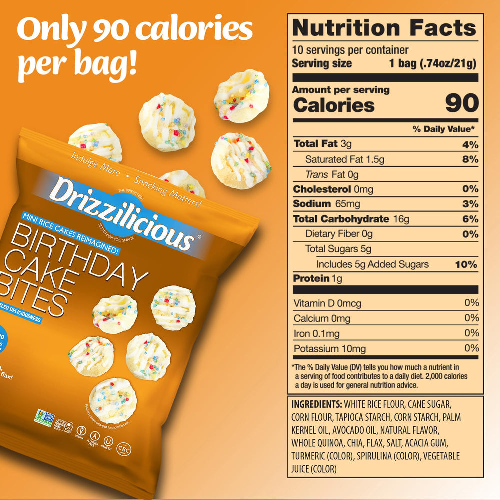Drizzilicious birthday cake bag open with visible drizzled pieces convenience