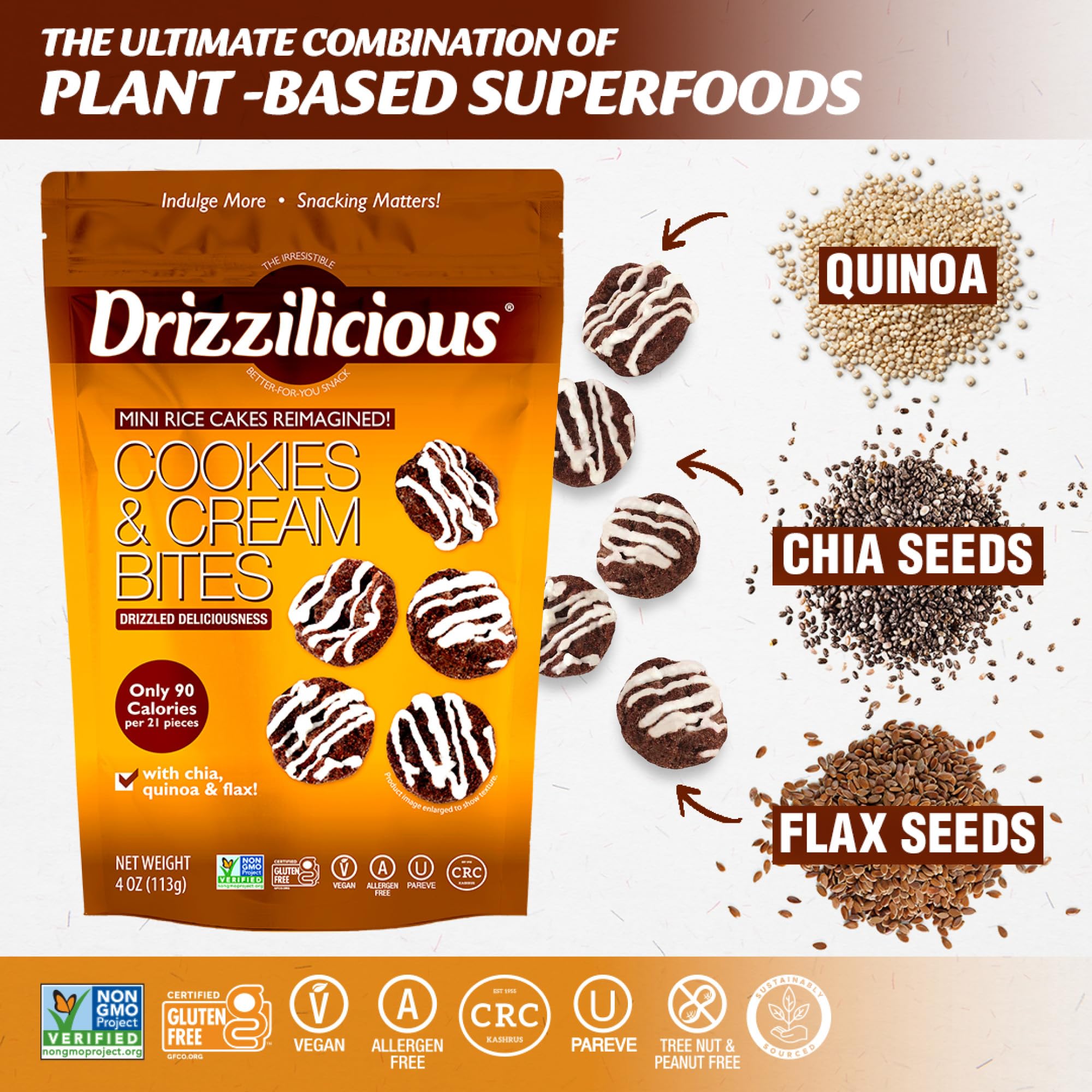 Drizzilicious bowl of mini crisps showing crunchy rice and seed blend benefit
