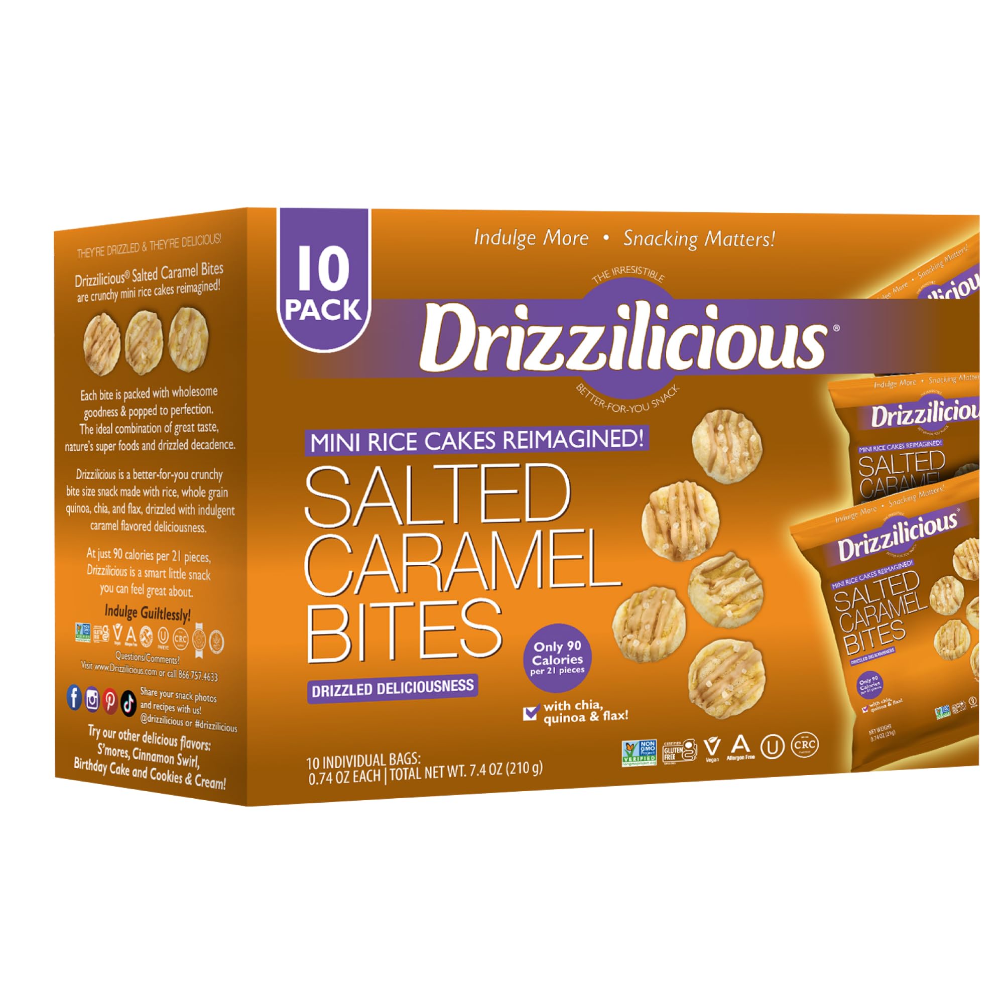 Drizzilicious front packaging showing salted caramel flavor and portioned bags