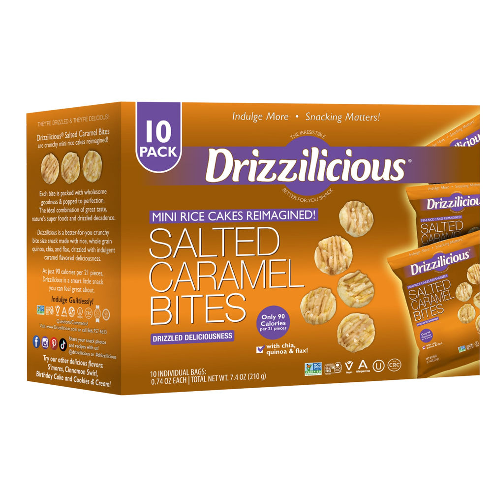 Drizzilicious front packaging showing salted caramel flavor and portioned bags