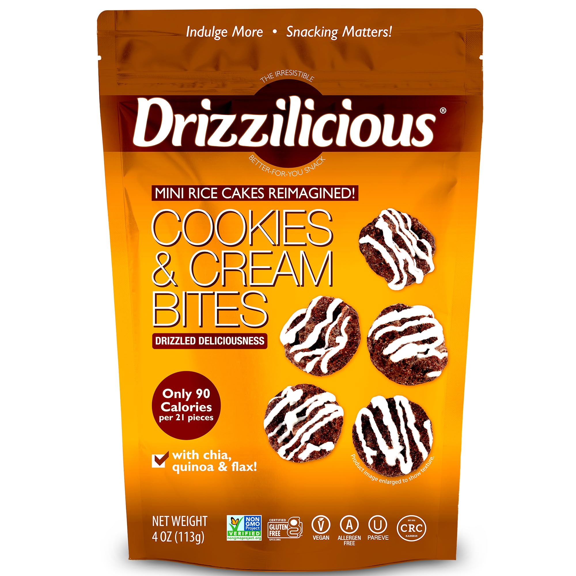 Drizzilicious front packaging showing cookies and cream flavor and benefits