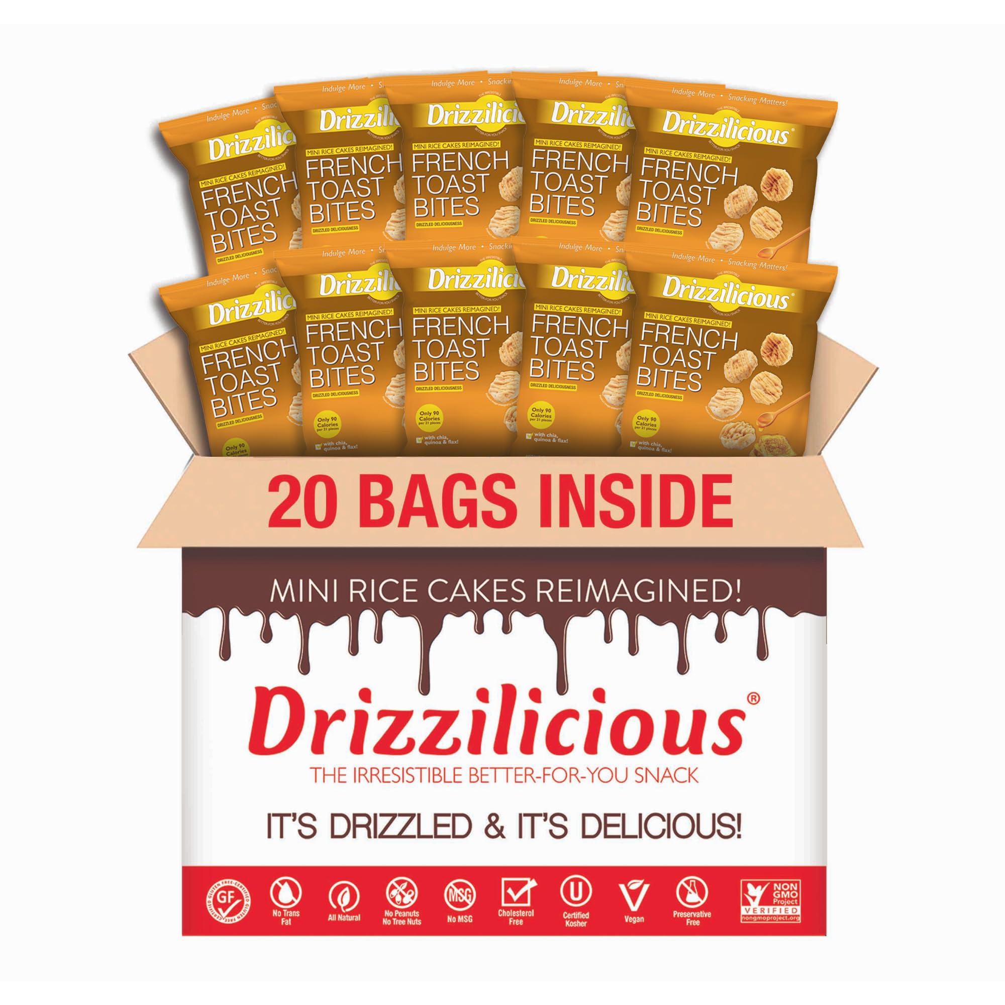 Drizzilicious front packaging showing mini French Toast rice cakes and on-the-go convenience