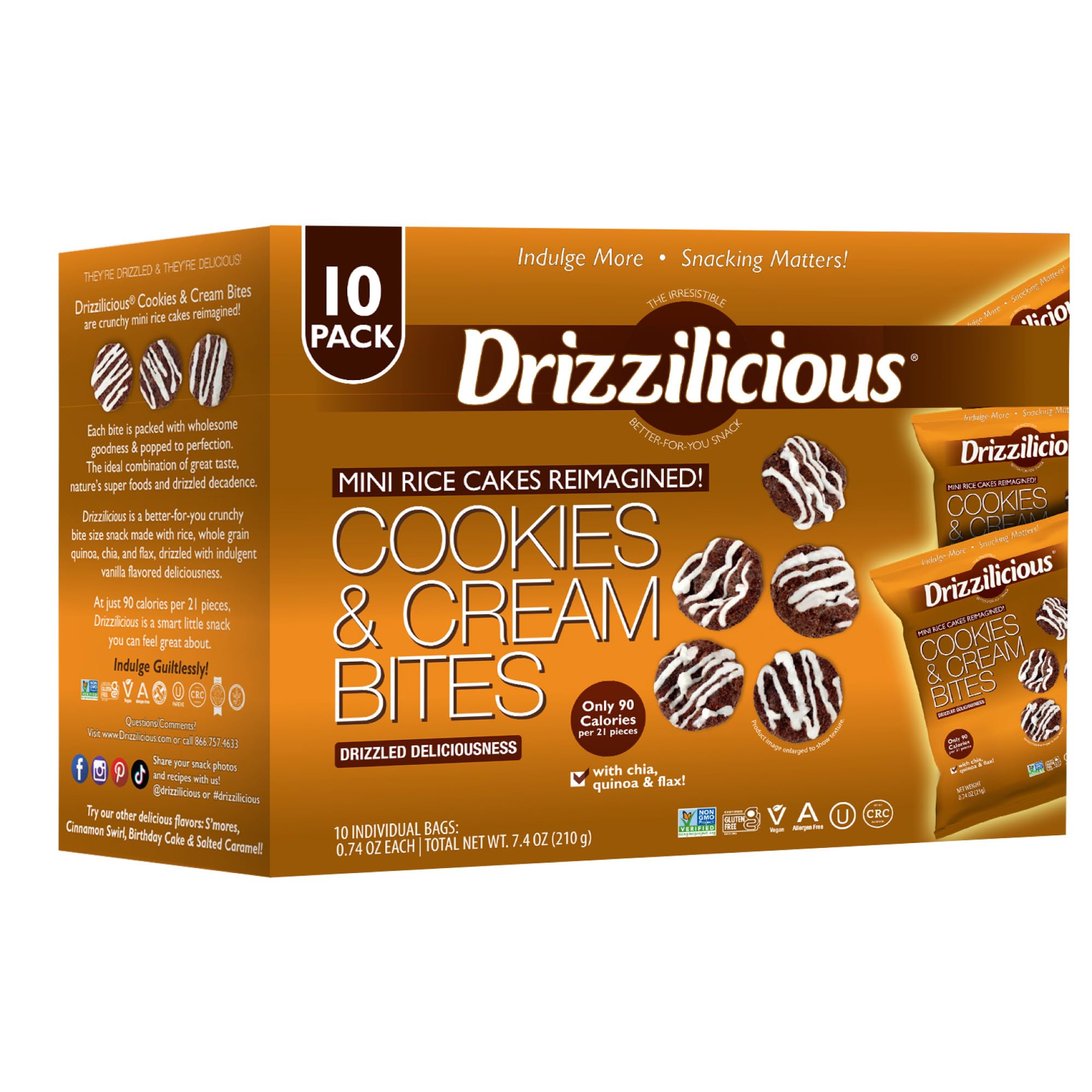 Drizzilicious front packaging showing cookies & cream mini rice cakes and serving size benefit