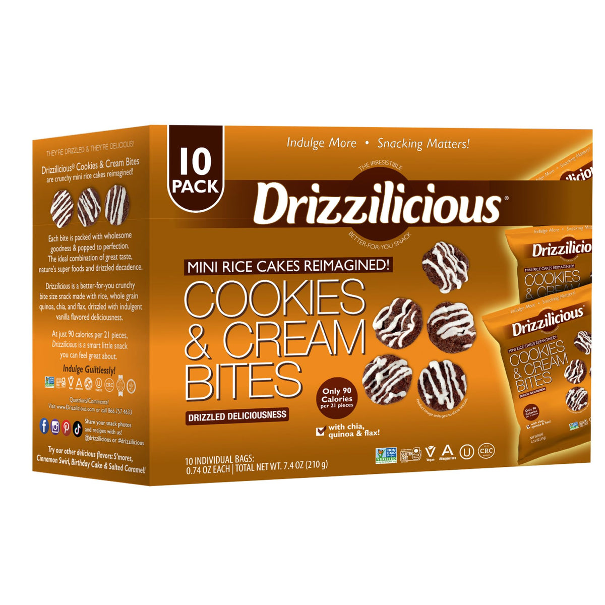 Drizzilicious front packaging showing cookies & cream mini rice cakes and serving size benefit