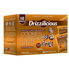 Drizzilicious front packaging showing cookies & cream mini rice cakes and serving size benefit