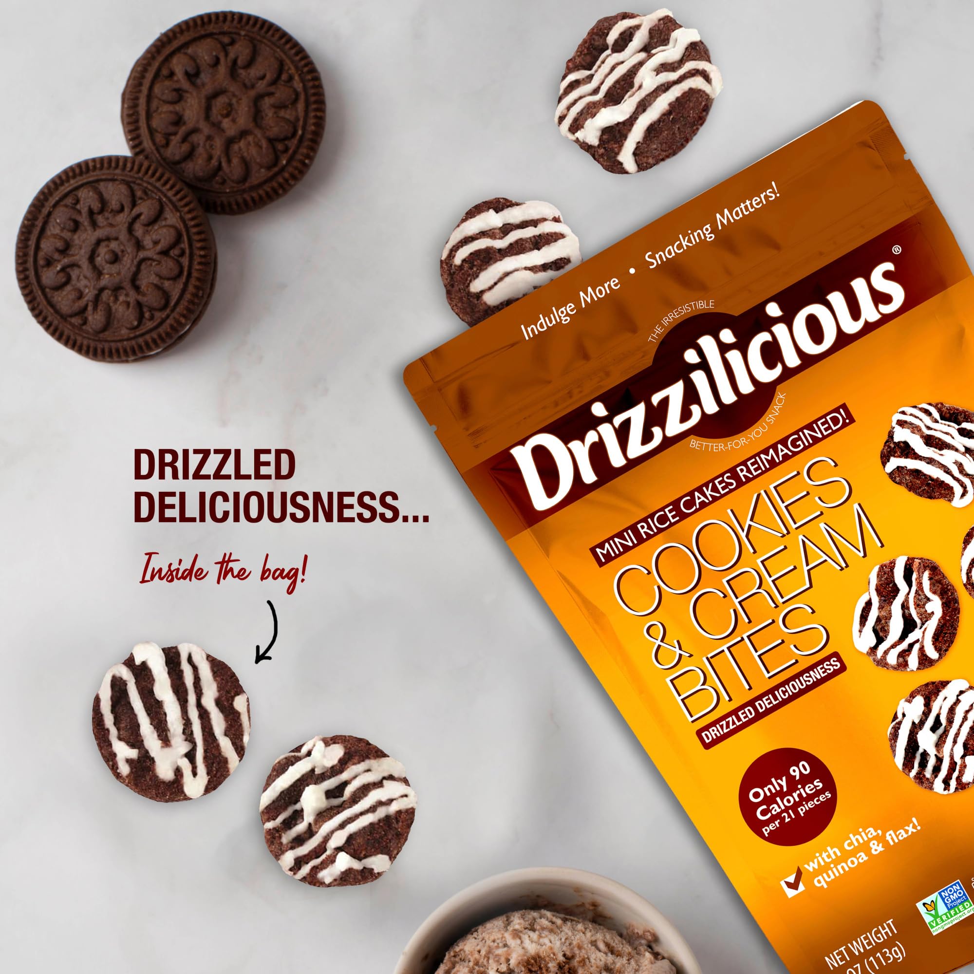 Drizzilicious label and certifications highlighting gluten-free vegan benefits