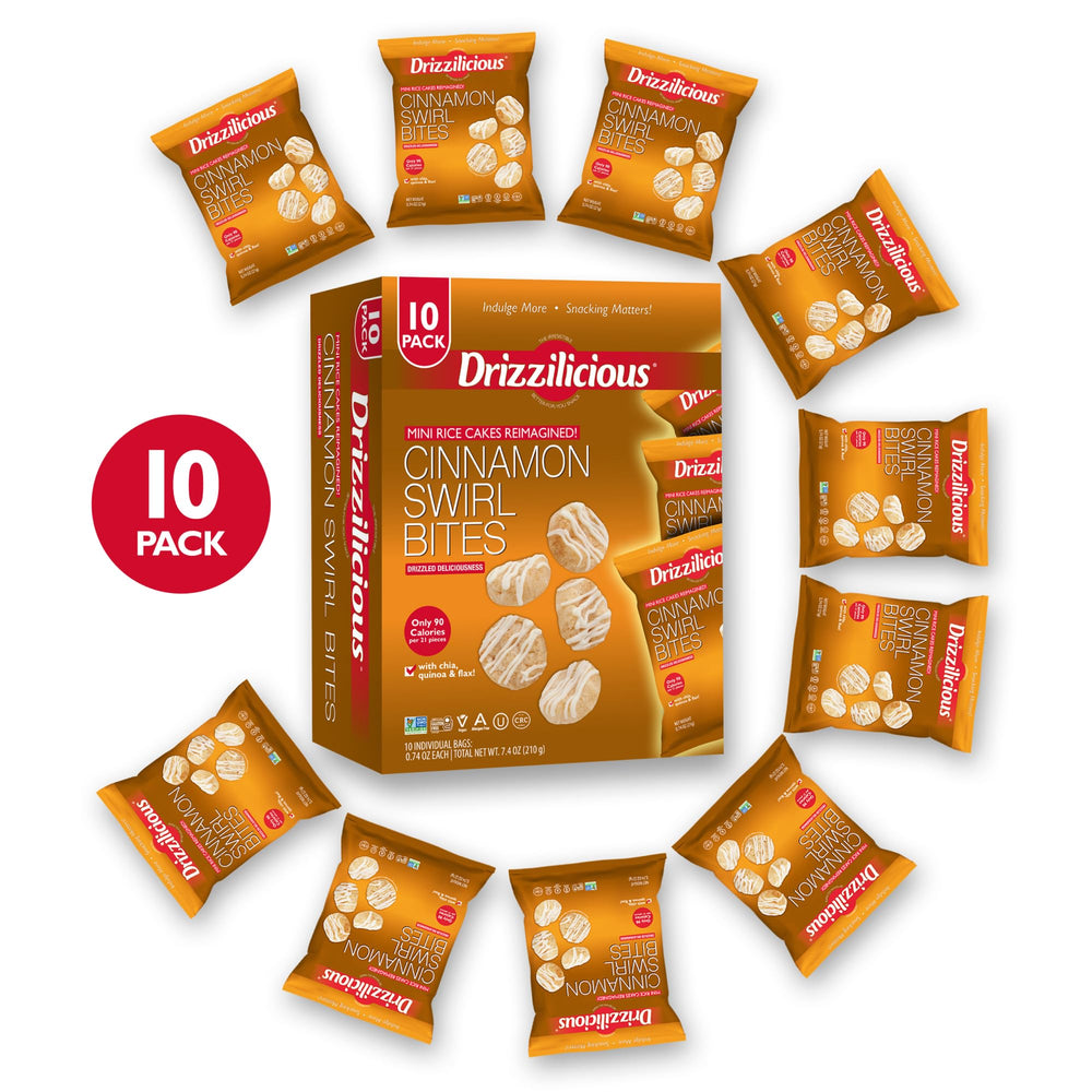 Drizzilicious single-serve bag open with rice crisps visible, convenient portioning