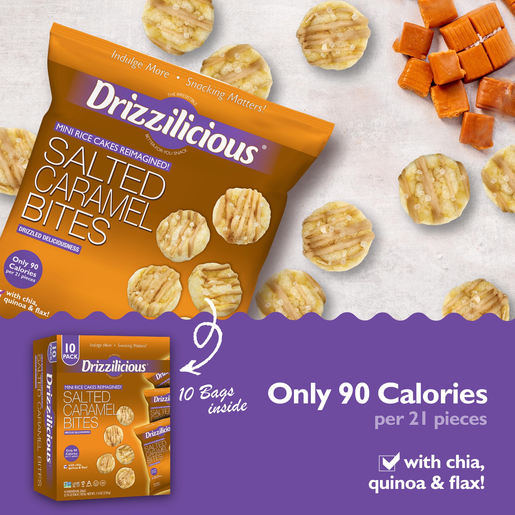 Drizzilicious hand holding mini rice cake to show size and portability