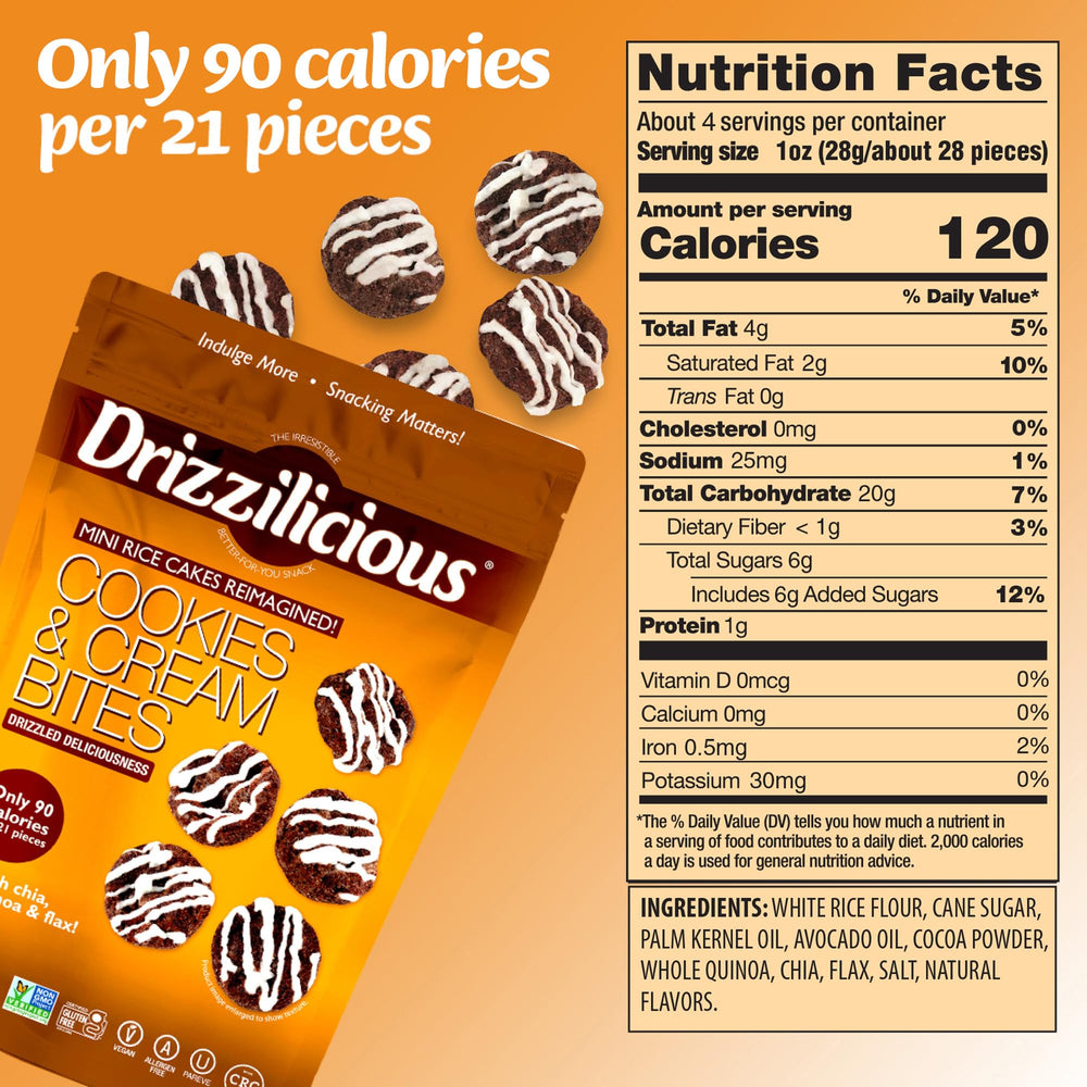 Drizzilicious size comparison next to coin showing portion control benefit